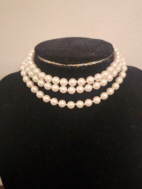 Vintage 3 Strand Pearl Necklace with a decorative gold-tone clasp